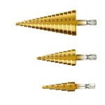 3PCS Foret Fraise Meche Etage, Triangle Conique Titane Foret Fraise, 4-12/20/32 mm, HSS Inox Metal, Pour Visseuse Percage sur Acier, Laiton, Bois, Plastique