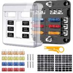 6 Voies Boîte à Fusibles, Porte Fusible avec Bus Négatif, Blocs Fusible Lame avec 16 Fusibles 6 Voyants LED Couvercle de Protection pour 12V/24V Voiture Automobile Bateau Marine Camion SUV
