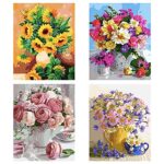 AkiiGer Lot de 4 kits de peinture par numéros pour adultes débutants et enfants, bricolage peint à la main, peinture par numéros, sans cadre, 40 x 50 cm, fleur