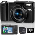 Appareil photo numérique 4K 48MP Vlogging pour YouTube Zoom numérique 16X avec fonction macro et flash relevable, appareil photo compact pour photographie écran 3'' 180°, carte TF 32 Go, 2 piles
