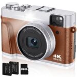 CAMKORY Appareil Photo Numérique 4K 48MP Autofocus Carte 32G Viseur Optique Appareil Photo Compact Zoom 16X Appareil Photo Numériques Flash Stabilisation Image Leger 2 Batteries Débutant Marron