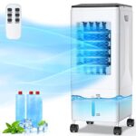 Climatiseur Mobile Silencieux 3 en 1 Rafraichisseur d'air Portable Ventilateur Humidificateur avec Roues et Réservoir D'eau 5.5L, 3 Vitesses, Télécommande, 1-7H Minuterie, pour Maison Bureau