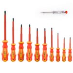 Gunpla Lot De 11 Pcs Tournevis Isolés VDE, 1000v Pointe Noire Magnétique Poignée TPR Électricien Fente Confort Fendu Phillips et Outils Pozi avec Tournevis de Testeur d Sécurité pour Vis Torx Montres