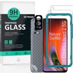 Ibywind Verre Trempé de Protection pour Oneplus Nord 2 5G, [Paquet de 2] avec Métal Protecteur D'écran de Caméra,Protection arrière Effet Fibre de Carbone,avec Une kit d'installation Facile