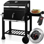 KESSER® Grand Chariot à barbecue au charbon de bois | Grill XLL à charbon de bois avec couvercle, roues, poignée en acier inoxydable, grille et thermomètre | pour campingnt (noir)