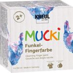 KREUL 2318 - Mucki Set de 4 pots de peinture au doigt de 150 ml Peinture végane sans parabène, gluten, ni lactose Lavable et applicable au doigt, à l’éponge et au pinceau Couleurs scintillantes
