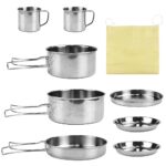 Kleemeiero 8PCS Kit de Casseroles Camping Cuisine de Camping en Acier Inoxydable 410 Vaisselle de Camping Batterie Cuisine Camping Inoxydable Cookware Kit pour Ourdoor Pique-Nique Camping Randonnée