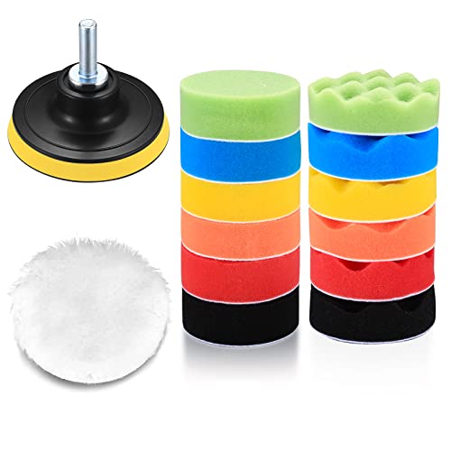 MMDBD 15 Pcs Éponge de Polissage pour Voiture, Tampons de Polissage de Voiture pour Polir Voiture Polisseuse Cirage, avec Adaptateur de Perceuse et Tampons de Cire de Laine