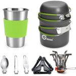 Odoland Kit de Casseroles Camping, 10PCS Ustensiles de Cuisine de Camping en Aluminium Durable, Camping Ustensiles Complets avec Réchaud de Camping Portable Ultraléger pour Camping, Randonnée, Pêche