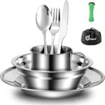 Odoland Set de Couverts Camping, Ustensiles et Bol Soucoupe Inox, Assiette Tasse Couteau Fourchette Cuillère Sac Rangement, Kit de Vaisselle Camping pour Famille et Amis Randonnée Pique-Nique Voyage