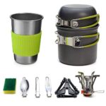 Queta Multi-PCS Kit de Cuisine de Camping, 1-2 Personnes Kit de Casseroles et Poêles Ultra-léger Compact Durable Extérieur Cookware pour Camping Randonnée Pique-Nique Pêche avec Réchaud et Une Tasses