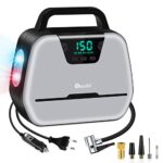 Reesibi Gonfleur Pneus Voiture 220V 12V 150PSI AC DC Double Alimentation, Mini Compresseur à Air Numérique pour Vélo Moto Balle, avec Lampe LED, Jeu d’Adaptateur, Buse, Valve Presta, Câbles