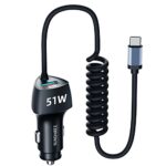 SUNDAREE Chargeur Allume Cigare USB Rapide,51W Double Port 12V 24V PD QC Type C 1.8M Spirale Câble Prise Téléphone Fast Charge for Xiaomi Redmi Note 12/Samsung A54 S23/iPhone 14/Oppo/POCO/Galaxy Tab