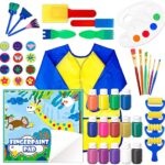 Shuttle Art Peinture au Doigt pour Enfants, Ensemble complet d'outils, Non Toxique, 46 Pièces, Lavable, 14 Couleurs, Pinceau, Tampon de Peinture, Éponge, Palette, Blouse
