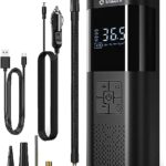 TEMOLA Gonfleur Pneus Voiture, Compresseur à Air Portatif Sans Fil Rechargeable avec Manomètre, 12V DC Mini Compresseur Voiture Accessoires Voiture pour Homme avec Lumière LED pour Voiture, Moto, Vélo