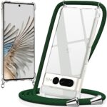 caslord Coque pour Google Pixel 7 Pro avec Cordon, Étui Transparent avec Collier Bandoulière Réglable, Portable Case en TPU Souple, Longe 1.6M - Vert Foncé