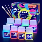 colozoo Ensemble de peintures acryliques phosphorescentes autoluminescentes 8x20ml de couleurs fluorescentes + 3 pinceaux | Durables sur toutes les surfaces