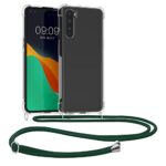 kwmobile Coque Collier Compatible avec OnePlus Nord Coque - Housse de Protection en TPU avec Cordon Sangle - Vert foncé-Transparent