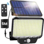 266 LED Lampe solaire exterieur detecteur de mouvement avec Télécommande, 1400LM Eclairage exterieur solaire 3 Modes, IP65 Étanche, déclairage 270°, Lumière solaire extérieur avec la câble de 5M