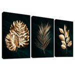 3 Pcs Cadre en bois Impression sur Toile Forêt Arbre Or Palm Feuilles Mur Art Toile Peinture Image Tableau Decoration Murale Salon Chambre Maison Décorations Prêt À Accrocher 90x40cm(12
