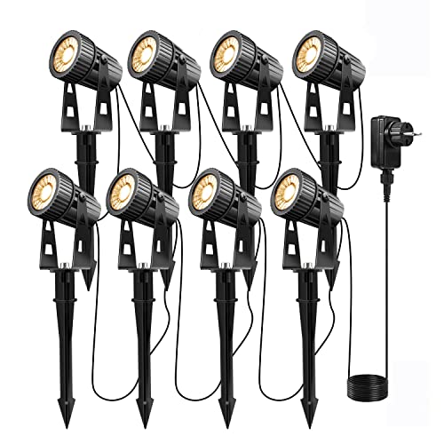 8 éclairage de jardin LED projecteur de jardin blanc chaud COB 3000K 12V 24W 2100LM éclairage de jardin LED avec lampe de jardin à piquet de sol 26m câble pour arbre de jardin extérieur, IP65 étanche
