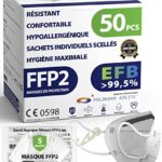 ADESTE - 50 Masques FFP2 Blancs Certifiés CE, approvisionnement contrôlé, élastiques confortables, hypoallergéniques et réglables. EFB 99,5%. Emballage individuel