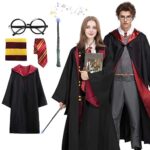 Amycute Costume de Magicien, Déguisement Adulte Enfant avec Cravate, Lunettes Noires Rondes, Écharpe et Baguette, Kit Robe Sorcier d'accessoires pour Halloween Fête Carnaval Party Noël