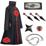 AmycuteAmycute Costume Akatsuki Itachi Cape Cosplay Deguisement Akatsuki Uchiha Itachi Bandeau Bague Collier Ninja Accessoires Anime Carnaval Halloween Noël pour Adulte Enfant (L)