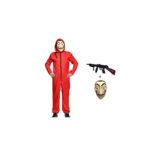 AnxicerCostume de carnaval, combinaison de voleur de banque pour Halloween, cosplay, rouge, à manches longues avec capuche, masque et mitrailleuse