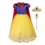Aomig Deguisement Robe Princesse Enfant Fille, Deguisement Robe Princesse Blanche Neige avec Accessoires de Baguette pour Enfant, Costume d' Halloween Anniversaire Fete Carnaval