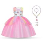 Aomig Robe Licorne Enfant de Princesse, Robes Fille, Robe de Princesse avec Licorne, Déguisement Licorne Fille pour Le Mariage et Les Parties Unicorn Party, Rose