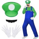 AomigCostume de Héros d'enfance pour Adulte, Mario Luigi-Bros Costume de Cosplay, Bonnet, Pantalon, Barbe, Gants, Costume de Carnaval pour Homme,Femme,Adulte,Enfant, Adolescent