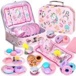 Auney Service à Thé pour Enfants 36 Pcs, étui de Transport Licorne, Jeu de Simulation pour Filles, Service à Thé en étain avec Sachets de Thé et Tranches de Citron, 13 Jouets à Dessert pour Enfants