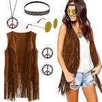 BIQIQI Costumes Hippie Femme Annee 70 Deguisement Hippie Gilet à Franges Sans Manches Lunettes de Soleil Bandeau Collier Boucles D'oreilles Deguisement Disco Femme pour Carnaval Halloween