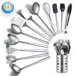 Berglander Ensemble d'ustensiles de Cuisine en Acier Inoxydable 13 pièces avec Porte-ustensiles antiadhésif et résistant à la Chaleur, Lavable au Lave-Vaisselle, Facile à Nettoyer (13 Paquets)