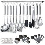 Berglander Ensemble d'ustensiles de Cuisine 38 pièces de Cuisine en Acier Inoxydable avec Support pour ustensiles et Crochets pour accrocher au Lave-Vaisselle
