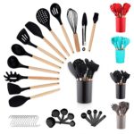 Berglander Ensemble d'ustensiles de cuisine en silicone 38 pièces outils de cuisine en bois avec crochets à usage multiple et porte-ustensiles (noir)