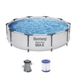 Bestway Steel Pro Max Frame Kit Piscine avec Pompe à Filtre Ø 305 x 76 cm, Gris Clair, Rond