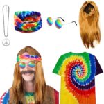 CHMMYDeguisement Hippie Costume Hippie Femme Homme Annee 70 avec T Shirt Perruque Bandeau Lunettes de Soleil Collier, Accessoires Hippie pour Halloween Decoration Annees 70 Déguisement Hippie