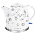 CONCEPT électroménager RK0010ne Bouilloire en céramique, 1 litre, blanche avec imprimés, design original, 1100 W