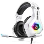 Casque Gaming PS4 Pro, Casque Xbox One Over-Ear RGB 7 Couleurs Transducteurs 50mm Stéréo Basse Micro Anti-Bruit Réglable Compatible PS5 Switch Xbox Series X & S - Blanc