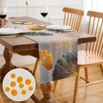 Chemin de Table Turquoise Or Ginkgo Biloba Polyester Lavable Chemin de Table Tissu Décoration de Table à Manger Imperméable Chemin de Table Moderne pour Dîner Fête Vacances Salle à Manger 33x183cm