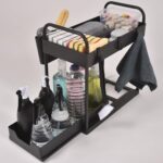 CleanSpace - Rangement sous évier double niveau avec tiroir coulissant et étagère - Optimisation cuisine salle de bain buanderie et bureau - Organisation produits ménagers- aménagement placard - Noir