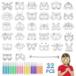 CorpowerMasque Carnaval, 32 Pièces Masques pour Enfants Animaux avec 32 Corde élastique / 24 x 6 Crayons de Couleur pour Aquarelle, Carte Blanche Masque Cosplay pour Les Fêtes D'Anniversaire, Halloween