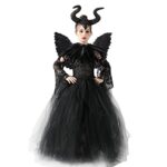 Costumes d'halloween pour Filles, Sorcière Maléfique Reine Maléfique Robe en Tulle Tricoté avec Corne Et Ailes Noires Ensemble pour Halloween Carnaval Enfants Cosplay Tenue Fête