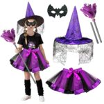 Deguisement Sorciere Fille 5-10 ans Costume Sorciere Enfant avec TuTu Fille Chapeau Sorciere Balai Masque Déguisement Sorcière Fille Deguisement Halloween Fille pour Halloween Carnaval Cosplay Party