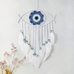 Dremisland Macramé Mauvais œil Attrape-rêves Tissé à la main Blanc Plumes Dreamcatcher Tenture Murale Décoration de la Maison Ornement Bénédiction Cadeau de Festival
