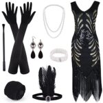 ELECLAND Robe Années 1920 à Col en V à Paillettes et à Franges avec Ensemble d'Accessoires Années 20