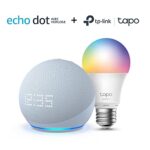 Echo Dot (5e génération, modèle 2022) avec horloge, Bleu-gris + TP-Link Tapo Ampoule LED Connectée Multicolore (E27), Fonctionne avec Alexa - Kit de démarrage Maison connectée