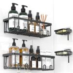 Etagere Salle de Bain Sans Percage, 4 pièces Etagere Douche en Inoxydable Noir, Étagère Rangement Douche, pour Rangement Salle de Bain et Cuisine Accessoires